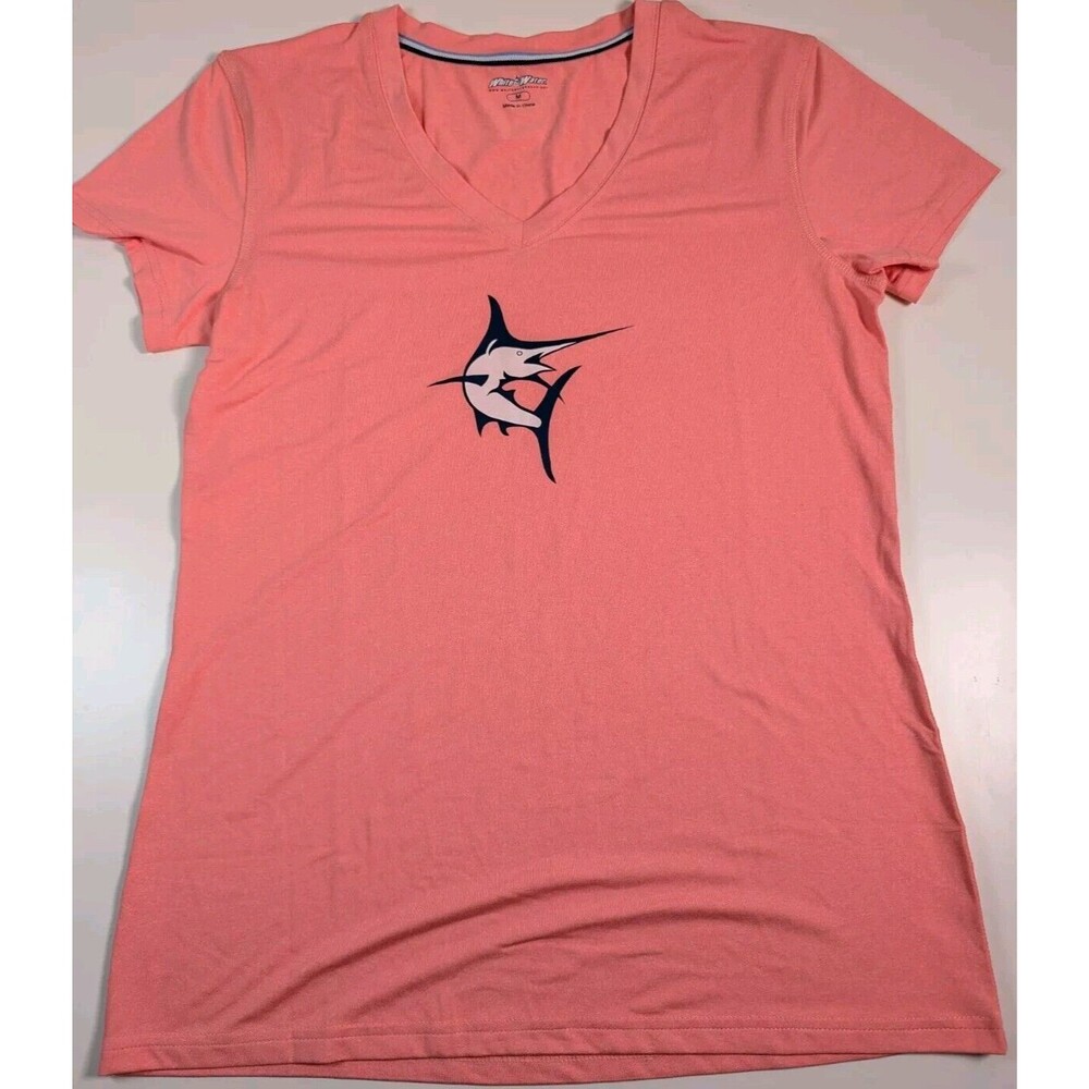 White Water Gear Pink Sword Fish Short Sleeve Shirt Size Medium V-neck